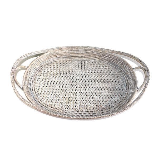 White Wash Rattan Oval Open Handle Tray 21"