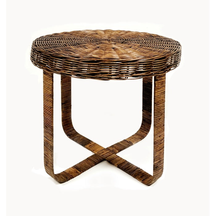 Rattan Antique Brown Beatnik Round Table w/ Metal Base