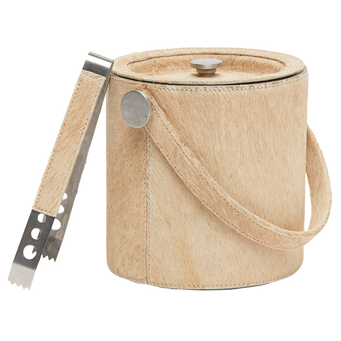 Browmley Hair-On-Hide Ice Bucket W/ Tongs (Beige)