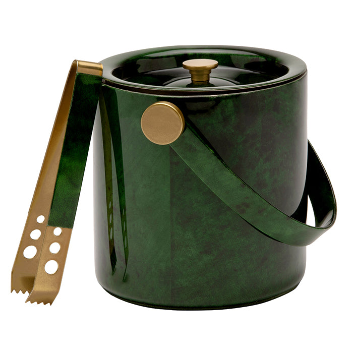 Nelson Emerald Gloss Vellum Leather Ice Bucket w/ Tongs