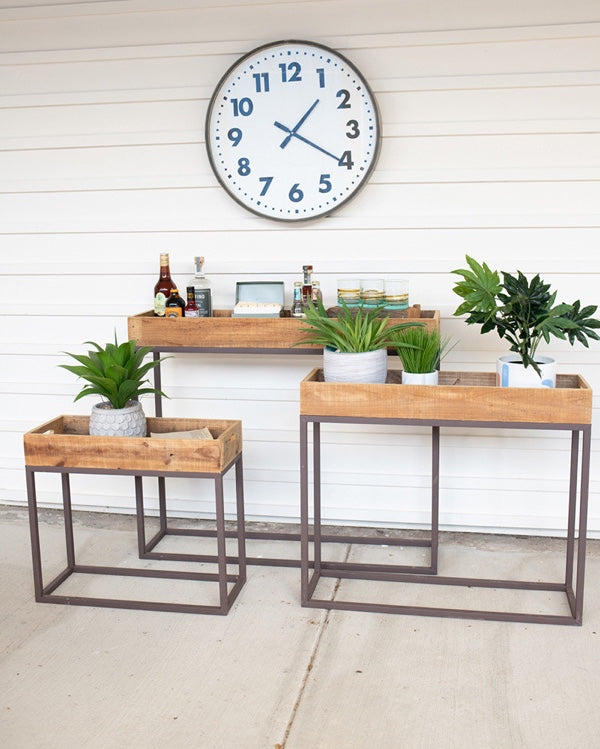 Rustic Recycled Wood Console Trays On Metal Bases Set/3