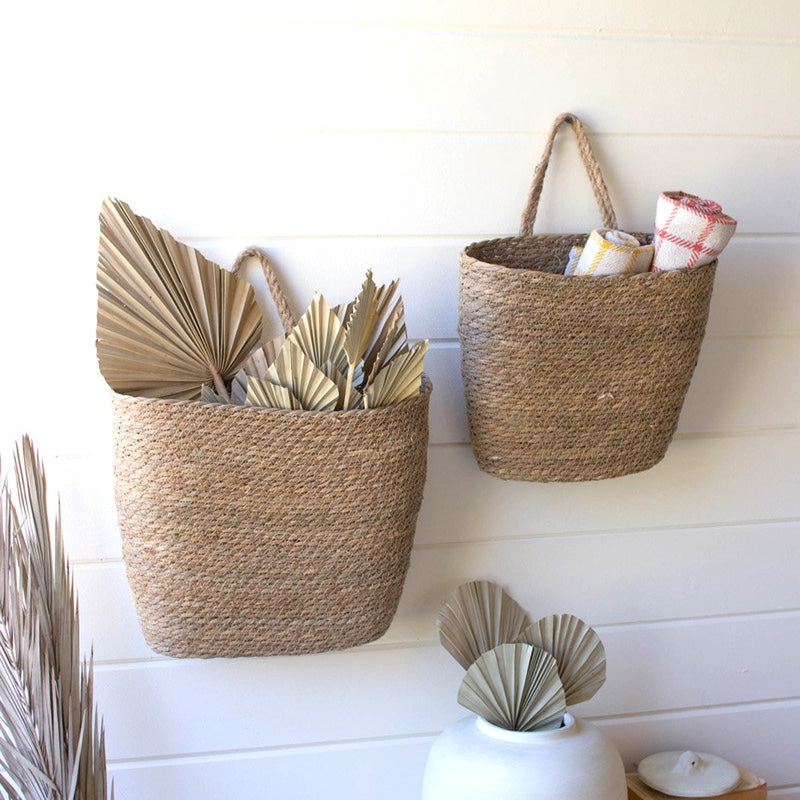 Set Of 2 Tall Oval Woven Seagrass Wall Baskets