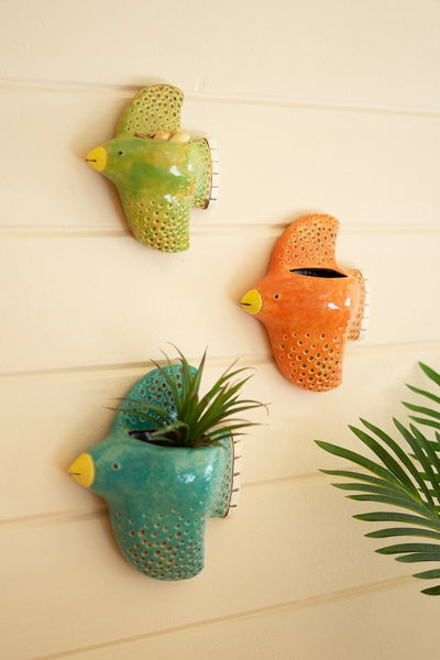 Set Of 3 Colorful Ceramic Bird Wall Planters