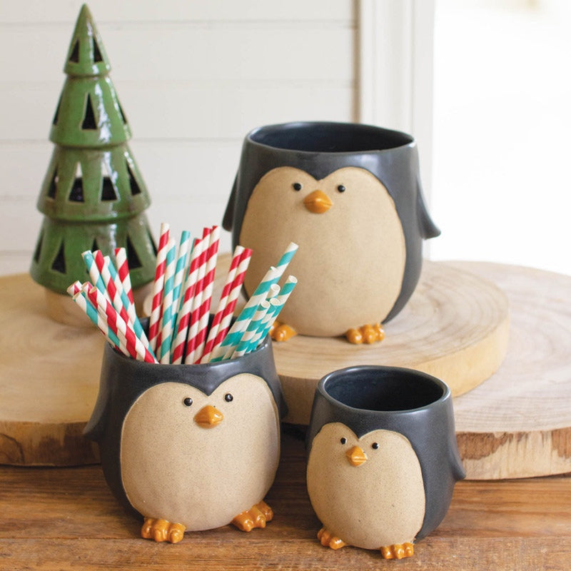 Set Of 3 Ceramic Penguin Planters