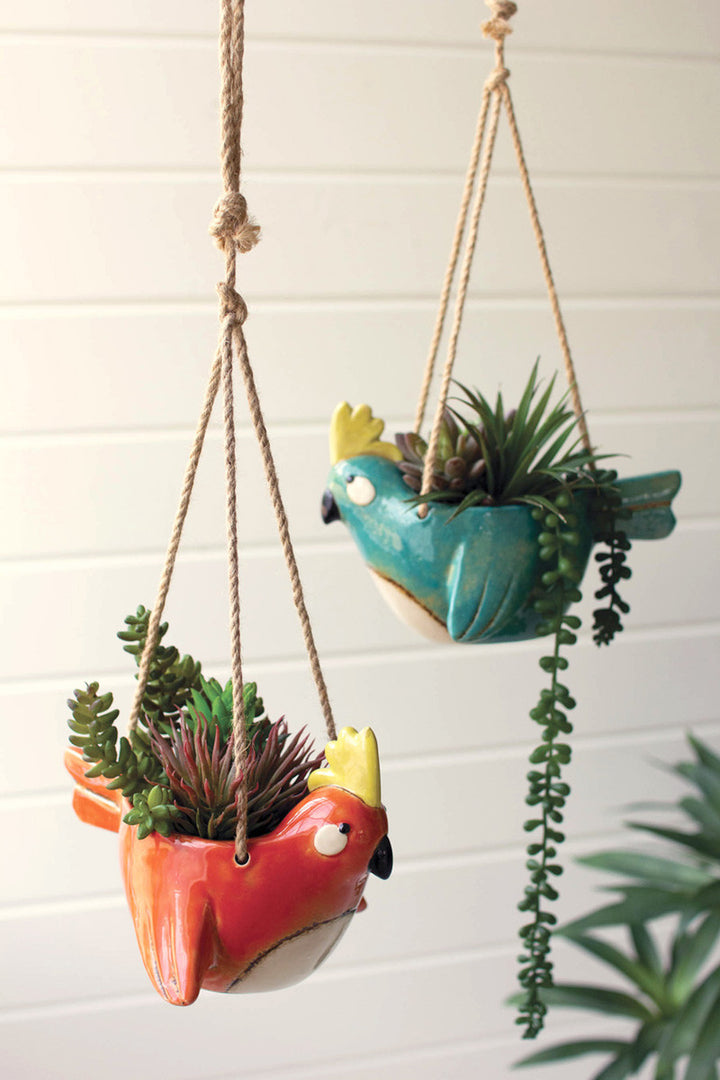 Set Of 2 Ceramic Bird Hanging Planters