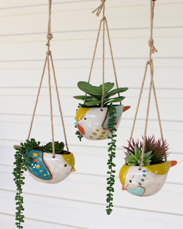 Set Of 3 Ceramic Hanging Bird Planters
