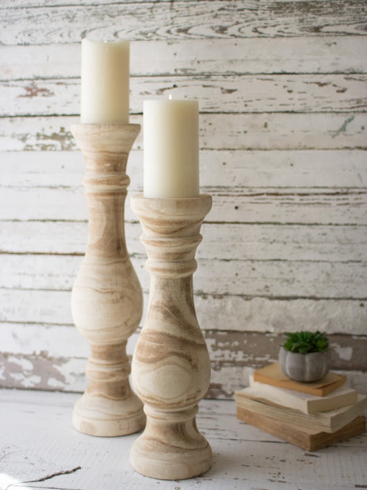 Hand Carved Wooden Candle Stands Set Of Two