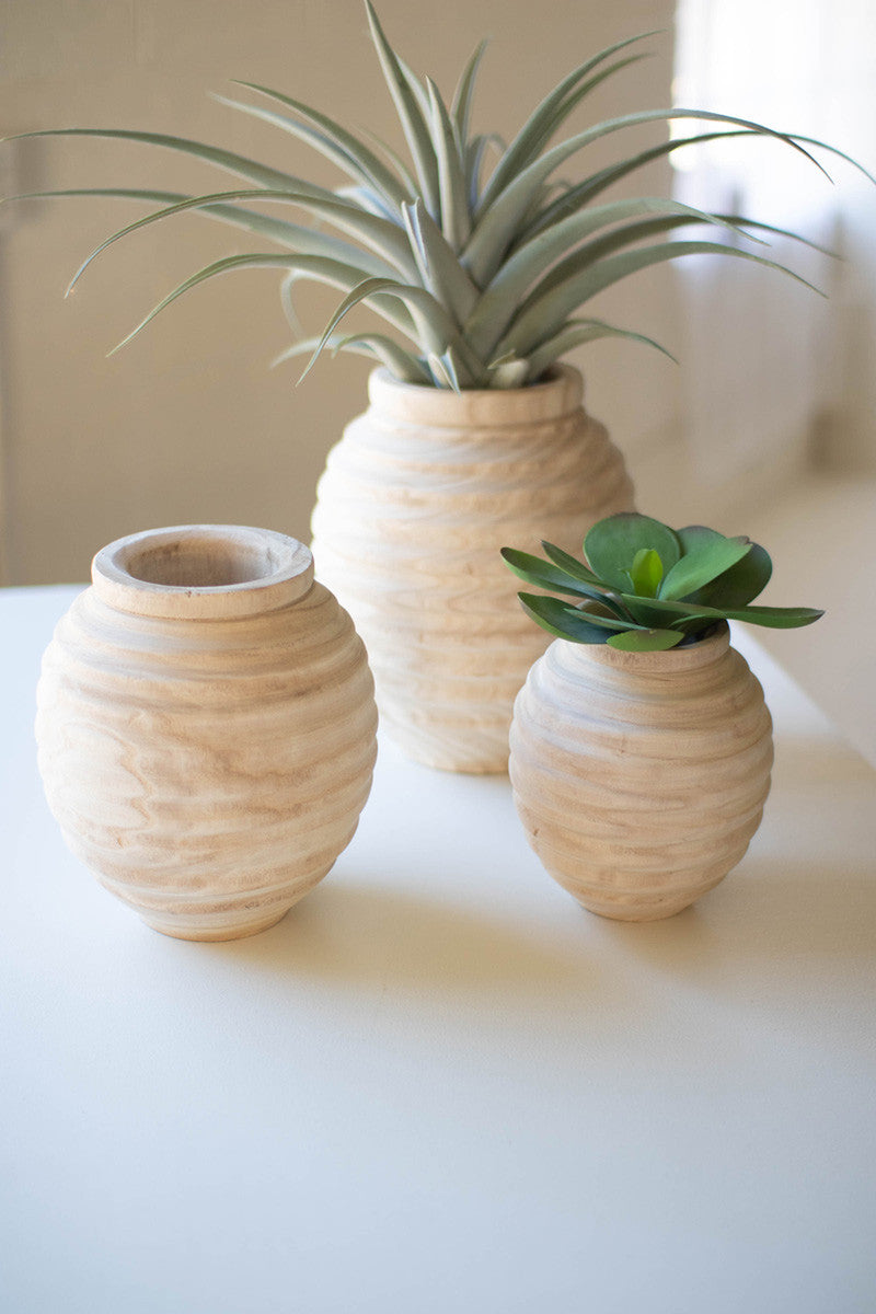 Set Of 3 Natural Wood Gourd Pots