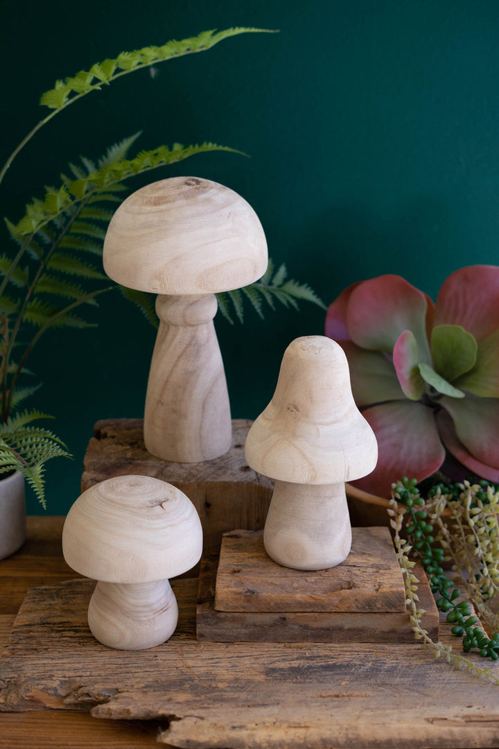 Set Of 3 Natural Wood Mushrooms