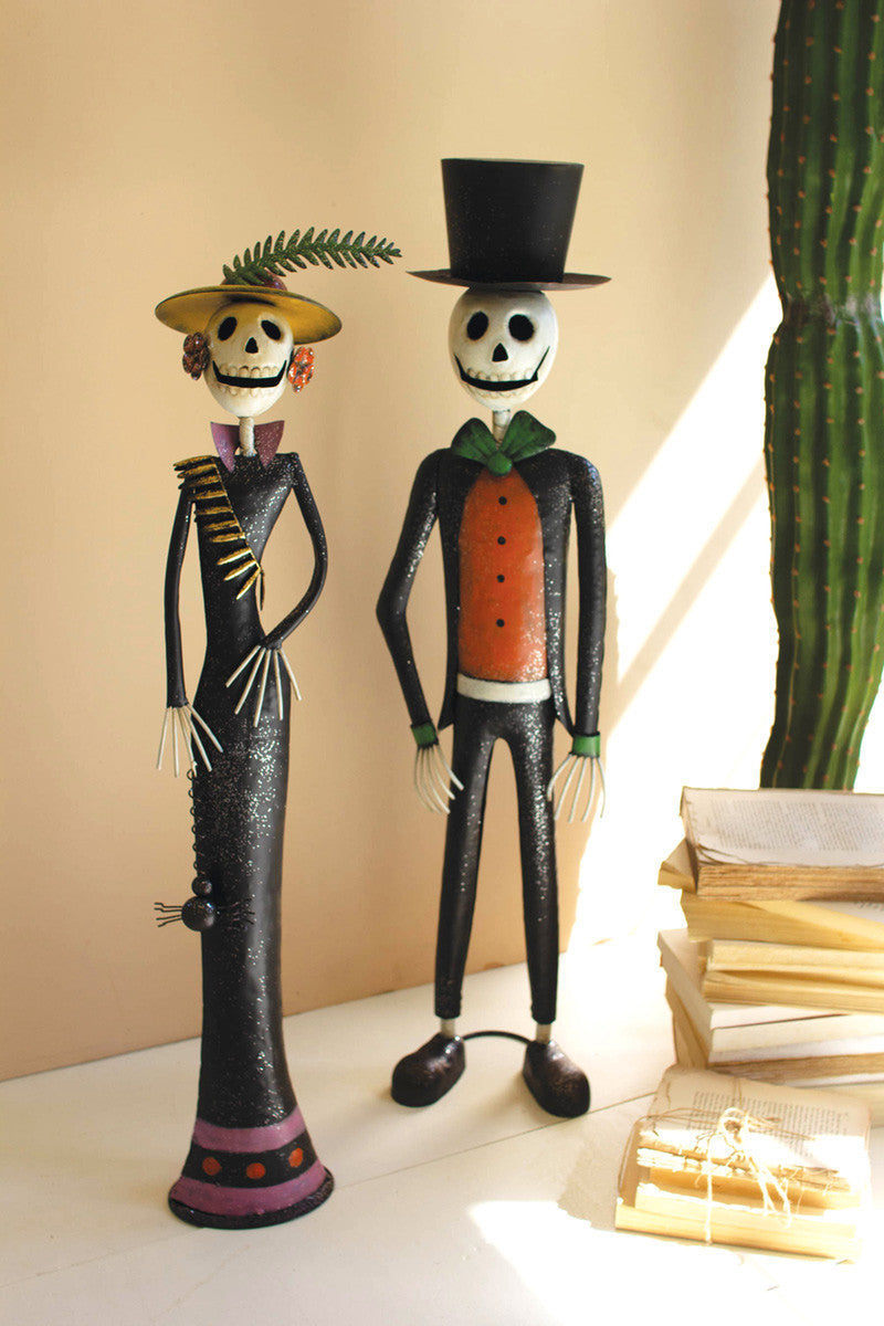 Set Of 2 Painted Metal Halloween Day Of The Dead Couple