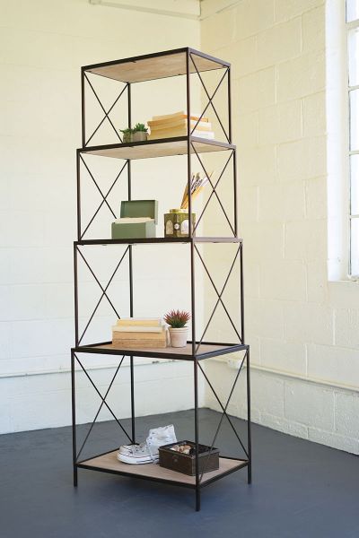 Stackable Four Tiered Metal & Wood Shelving Unit