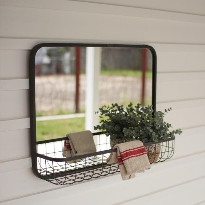Rectangle Mirror with Wire Basket Shelf