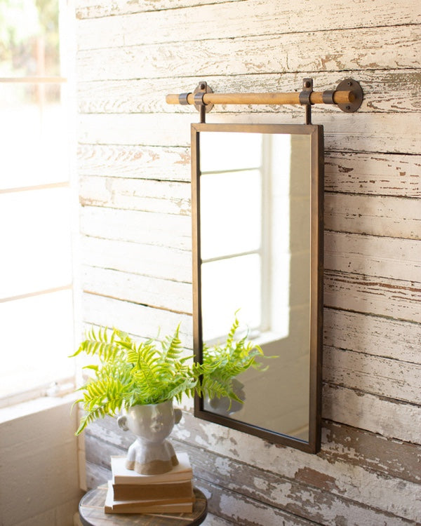 Rectangle Wall Mirror With Wooden Dowel Hanger