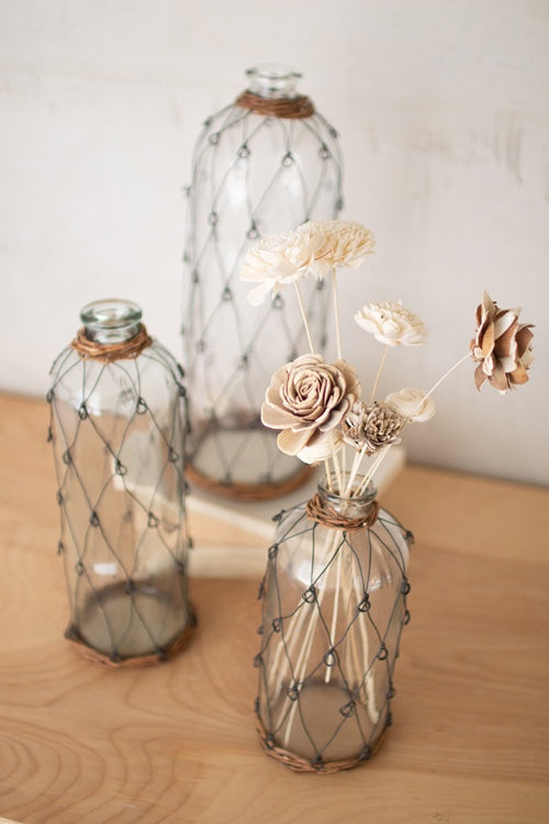 Tall Wire And Wicker Wrapped Glass Bottle Set/Three