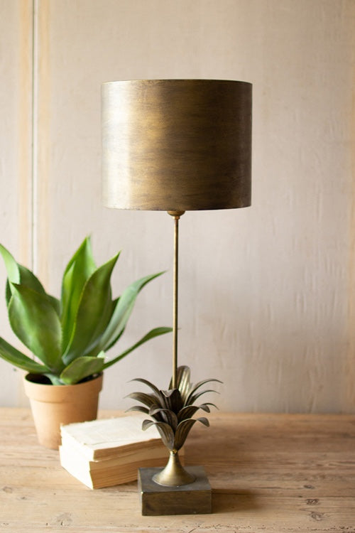 Antique Gold Metal Table Lamp With Leaf Accent And Metal Shade