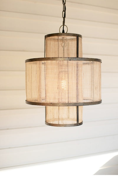 Round Double Layered Woven Fiber And Metal Pendant Light