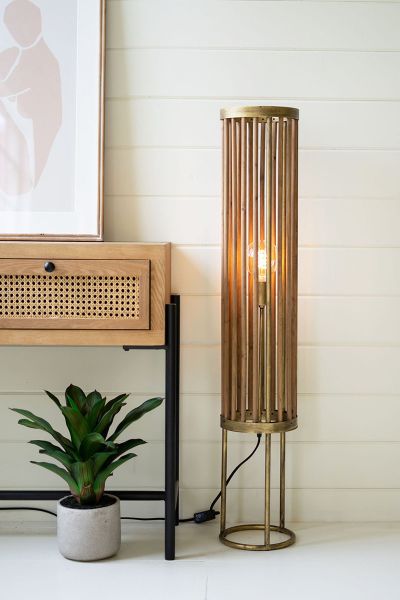 Round Brass & Wood Cylinder Floor Lamp