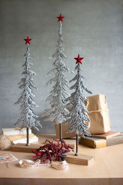 Metal Christmas Trees On Wooden Bases Set Of Three
