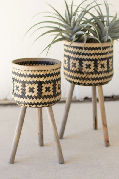 Black & Natural Bamboo Plant Stands With Wood Legs Set Of Two Woven