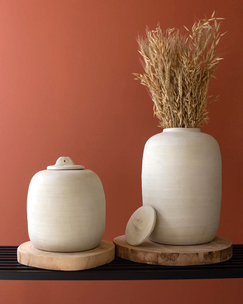 Set Of 2 Off-White Ceramic Canisters