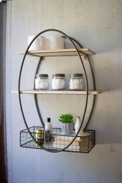 Tall Oval Metal Framed Wall Unit with Recycled Wood Shelves