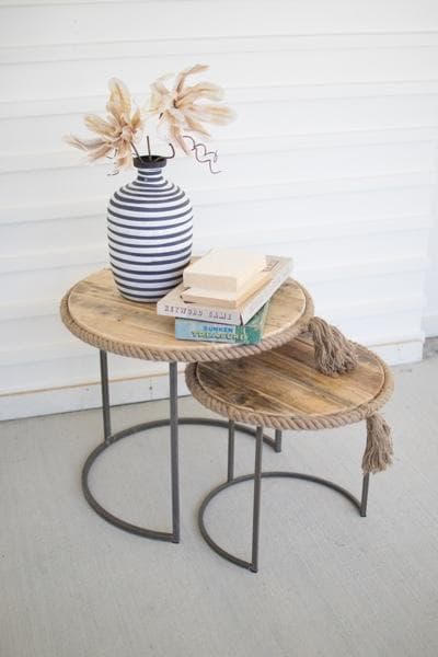 Round Nesting Tables with Recycled Wood with Rope Accent