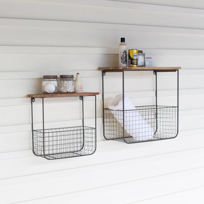 Wire Basket Shelves with Recycled Wood Tops Set/2