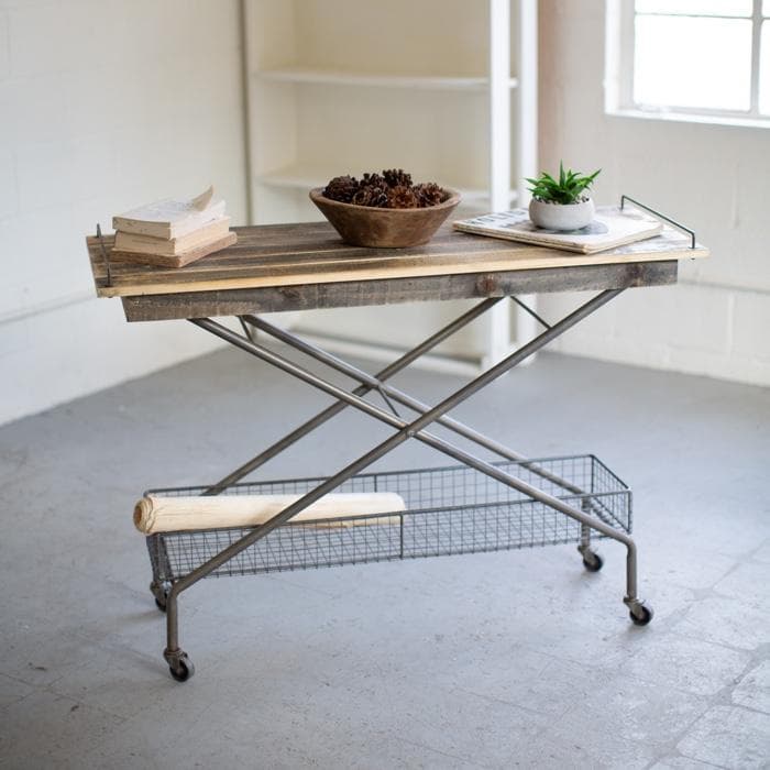 Recycled Wood Console Table with Metal Base Basket and Casters