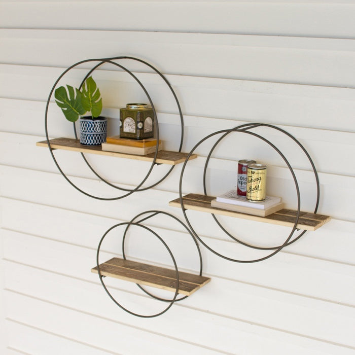 Recycled Wooden Shelves With Round Metal Frames Set/3