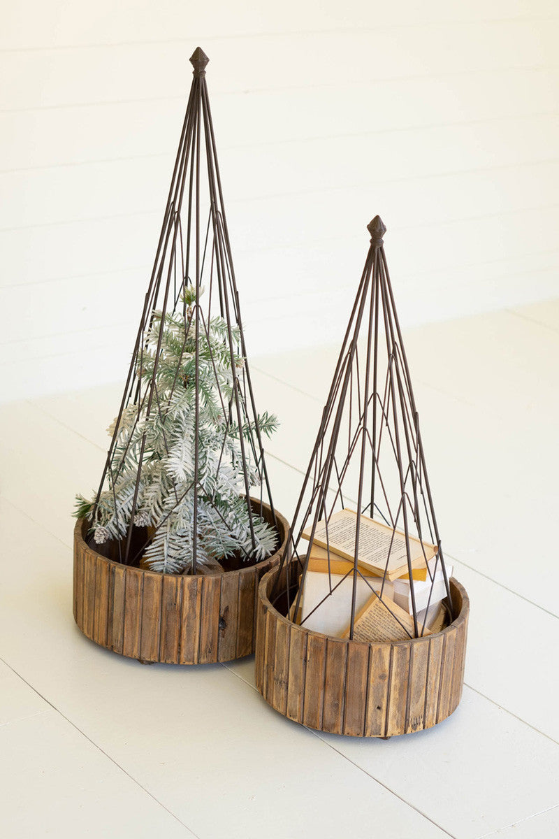 Set Of 2 Metal Topiaries With Recycled Wood Bases