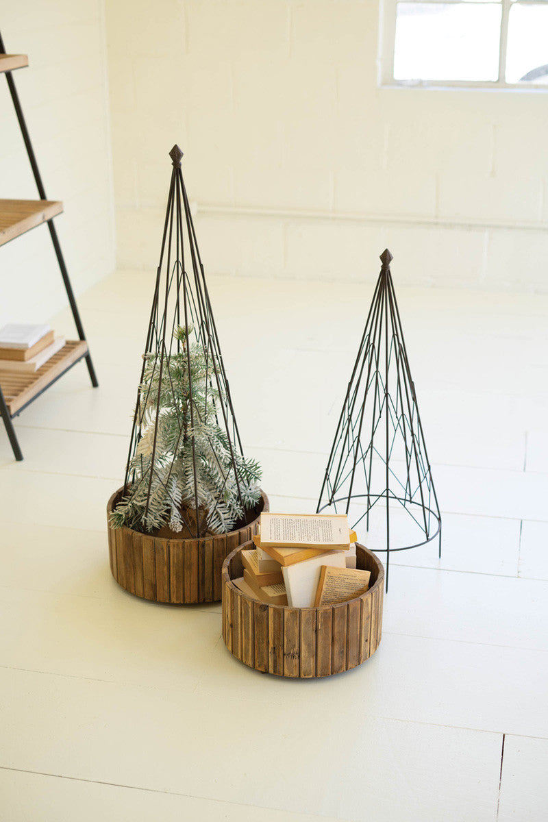 Set Of 2 Metal Topiaries With Recycled Wood Bases