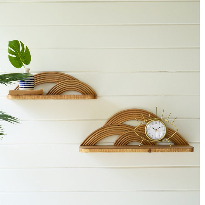 Set Of 2 Wooden Wall Shelves With Arched Cane Detail