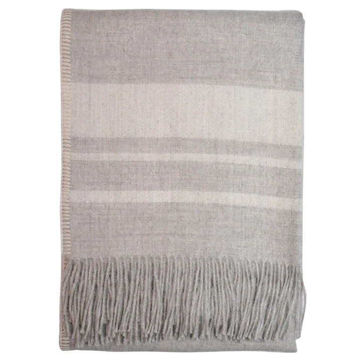 Andes Stripes Blanket Stitch on Sides Baby Alpaca Throw (Light Grey with Ivory)
