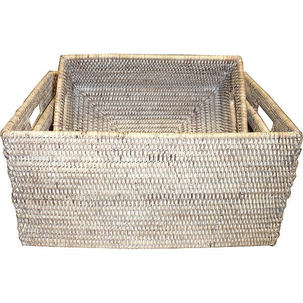 White Wash Rattan Rectangular Set of 3 Baskets w/ Handles