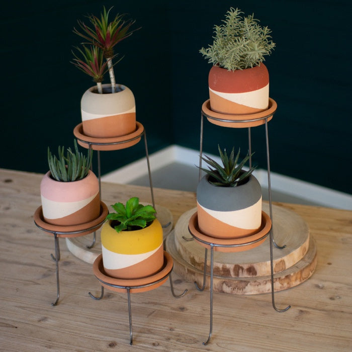 Color Dipped Clay Pots With Metal Bases Set/5