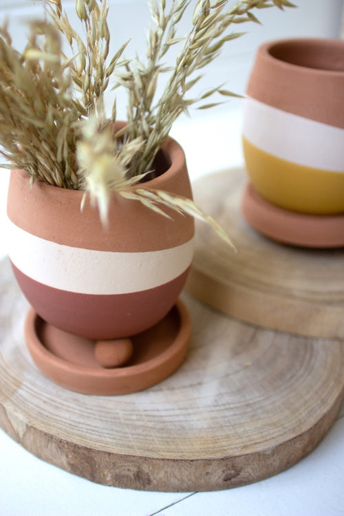 Set Of 3 Double-Dipped Clay Pots With Drip Trays