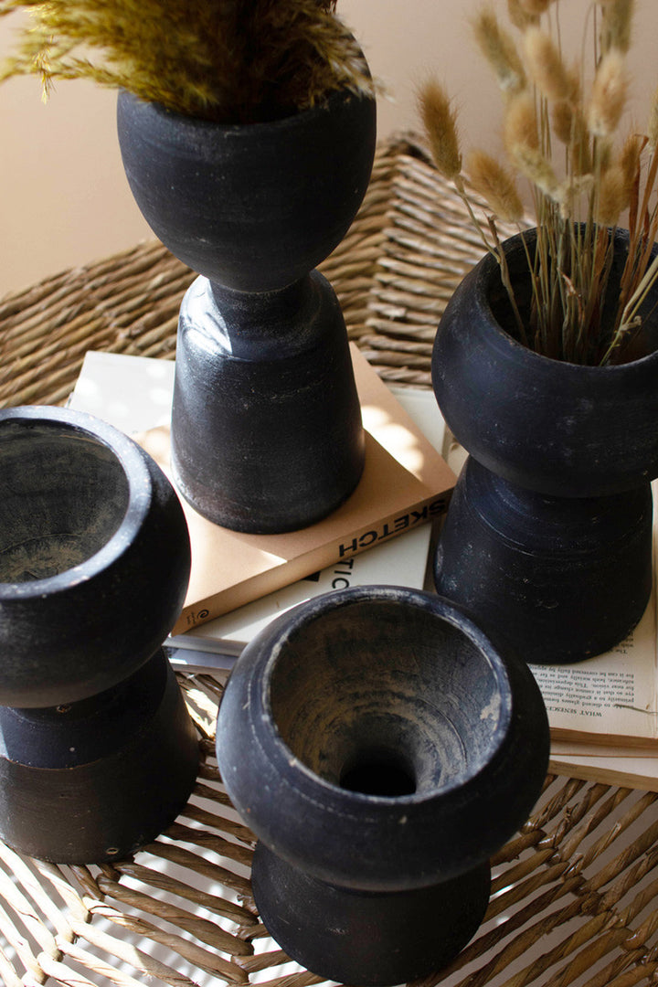 Set Of 4 Black Clay Vases