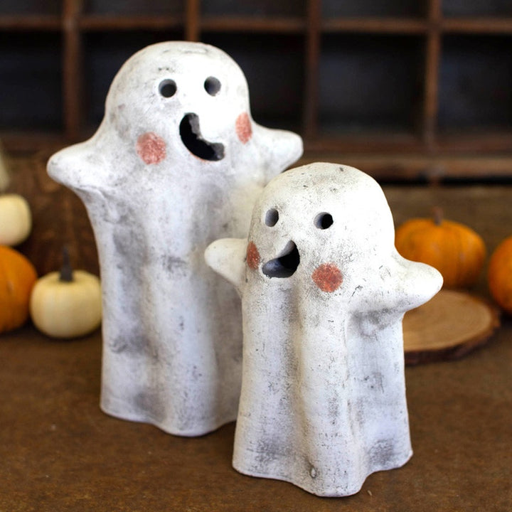 Set Of 2 Tabletop Clay Ghost Lanterns
