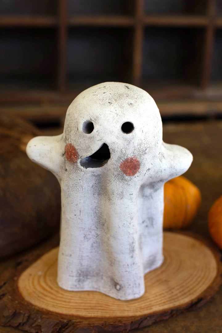 Set Of 2 Tabletop Clay Ghost Lanterns