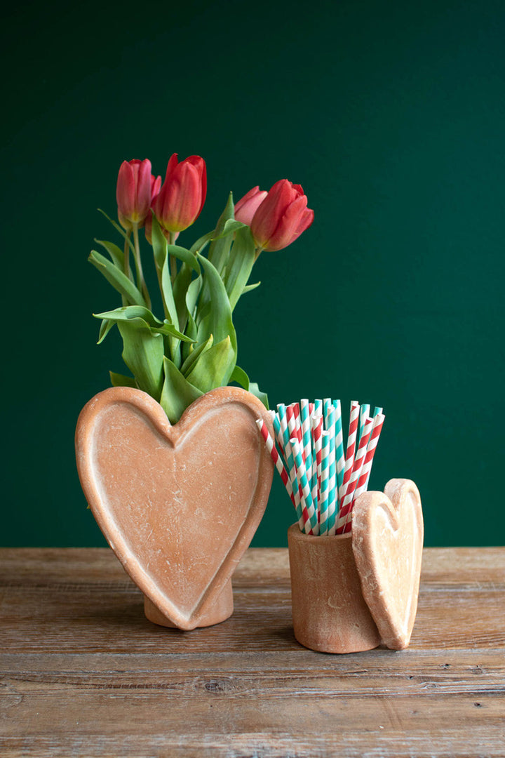 Set Of 2 White-Wash Clay Heart Vases