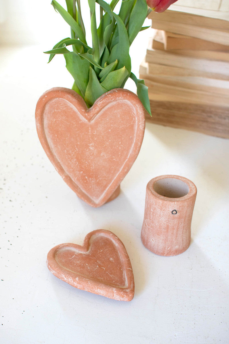 Set Of 2 White-Wash Clay Heart Vases