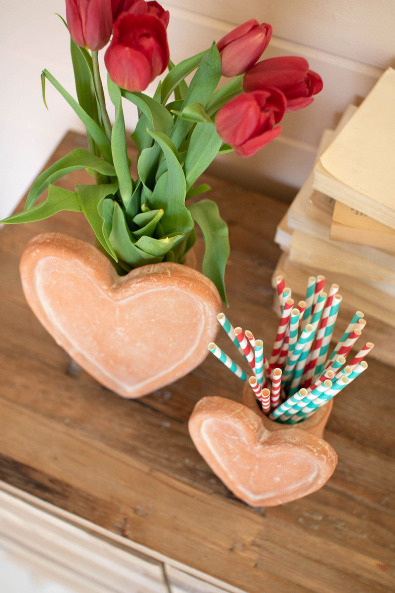 Set Of 2 White-Wash Clay Heart Vases