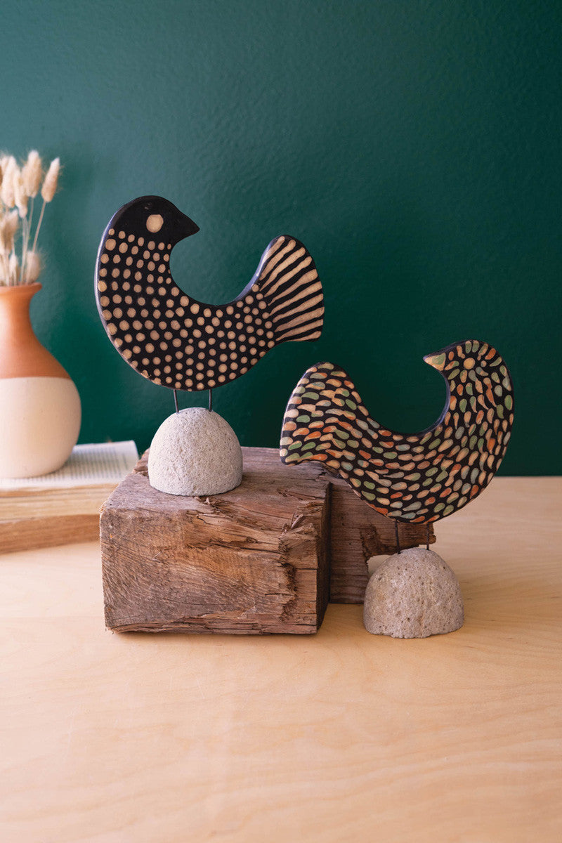 Set Of 2 Clay Lenca Birds On Rock Bases