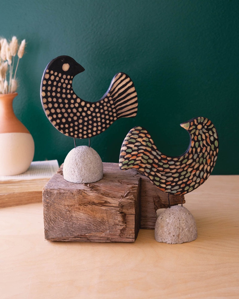 Set Of 2 Clay Lenca Birds On Rock Bases