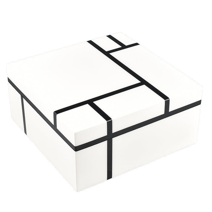 Lacquer Square Hinged Box 8x8 (White with Black Grid)