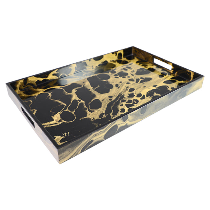 Lacquer Rectangle Tray (Black Gold Marble Black Trim)