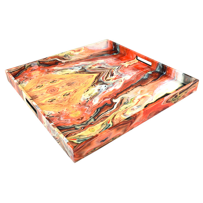 Lacquer Large Square Tray (Orange Marble)