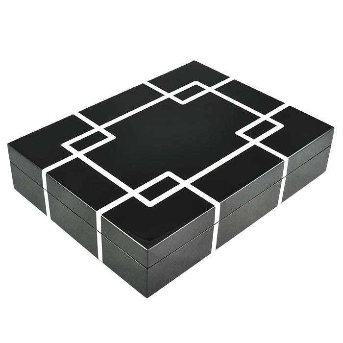 Lacquer Long Stationery Box (Black with White Interlock)