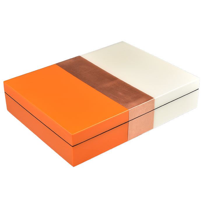 Lacquer Long Stationery Box (Orange, Copper Leaf And White)