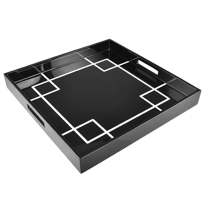 Lacquer Square Tray (Black with White Interlock)